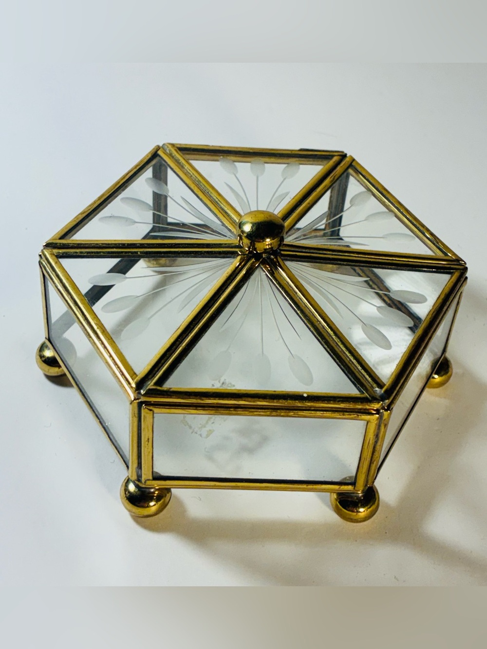 Vintage Etched Cattail Glass & Brass Jewelry box